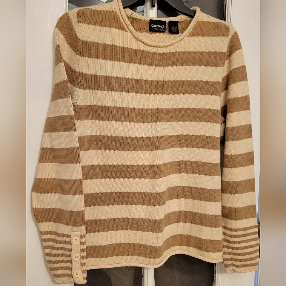 Guide Series tan striped sweater, size medium